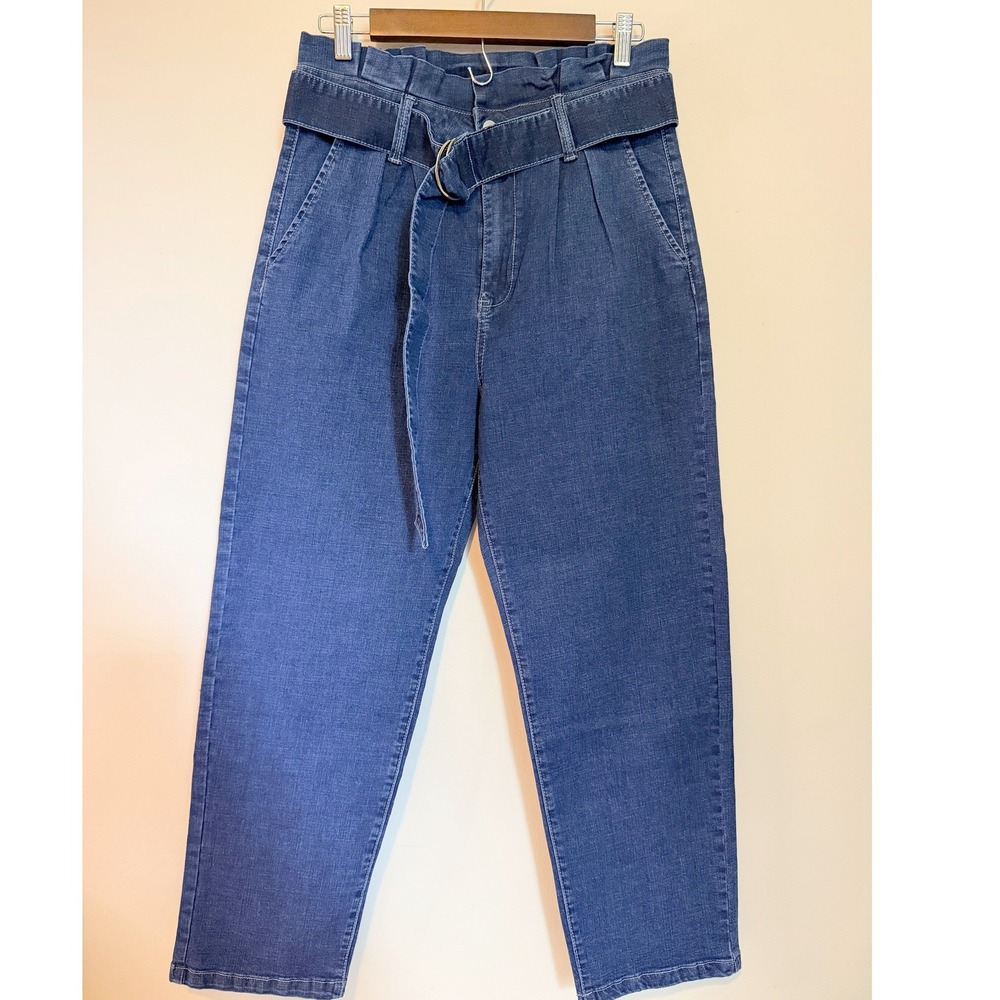 A. Calin Jeans Women L Blue Excellent Paperbag Waist Belted Straight Leg AP1556